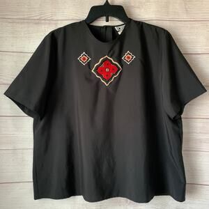 Vintage JG by Joyce Petite Black Blouse Short Sleeve Embroidered Diamond Size 14